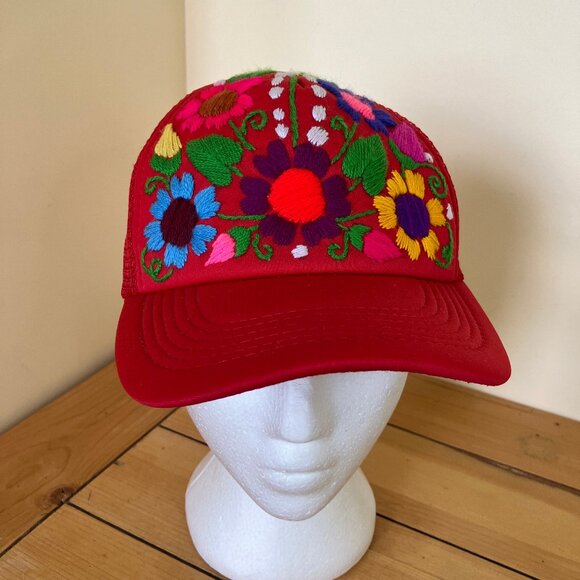 Mexico Embroidered Trucker Hat Red Oaxaca Floral Snapback Mesh Baseball Cap - Picture 3 of 10